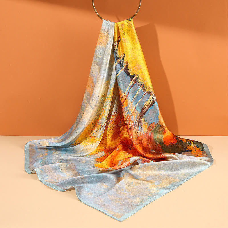 Oil Painting City Snow Scene Castle Lotus 100% Mulberry Silk Neck Hair Scarf - Image 2