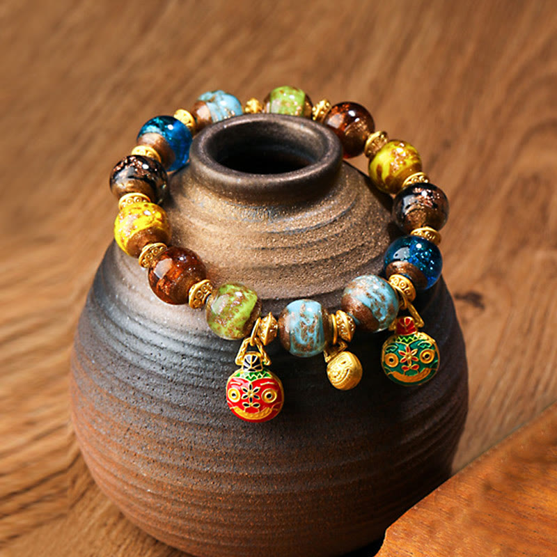 Gold Swallowing Beast Family Charm Liuli Glass Bead Fortune Bracelet - Image 21