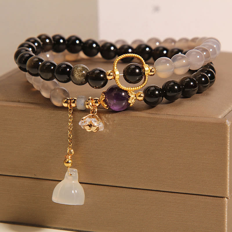 Gold Sheen Obsidian Gray Agate Lotus Charm Strengthen Double Wrap Bracelet - Image 6