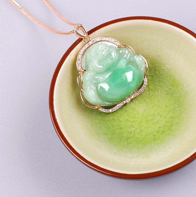 925 Sterling Silver Laughing Buddha Natural Jade Prosperity Necklace Chain Pendant - Image 8