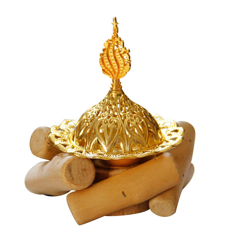 Gold Alloy Healing Mini Incense Burner With Wooden Coaster Home Decor - Image 18