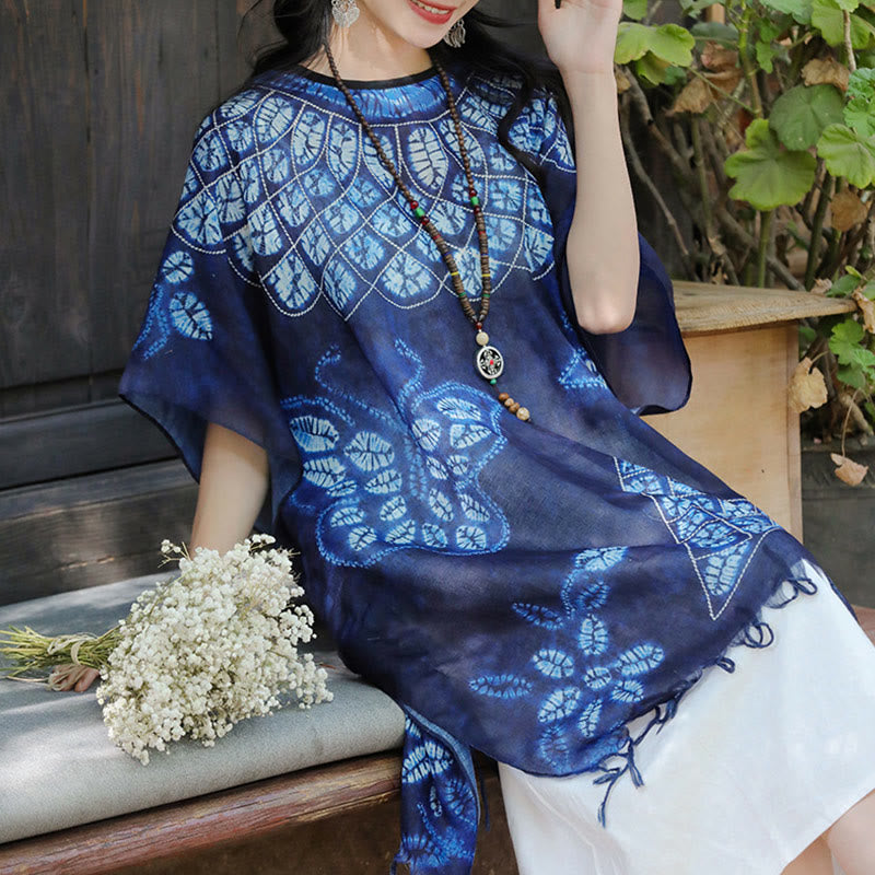 Blue Butterfly Batik Shawl Tassels Cozy Travel Pullover 90*95cm - Image 5