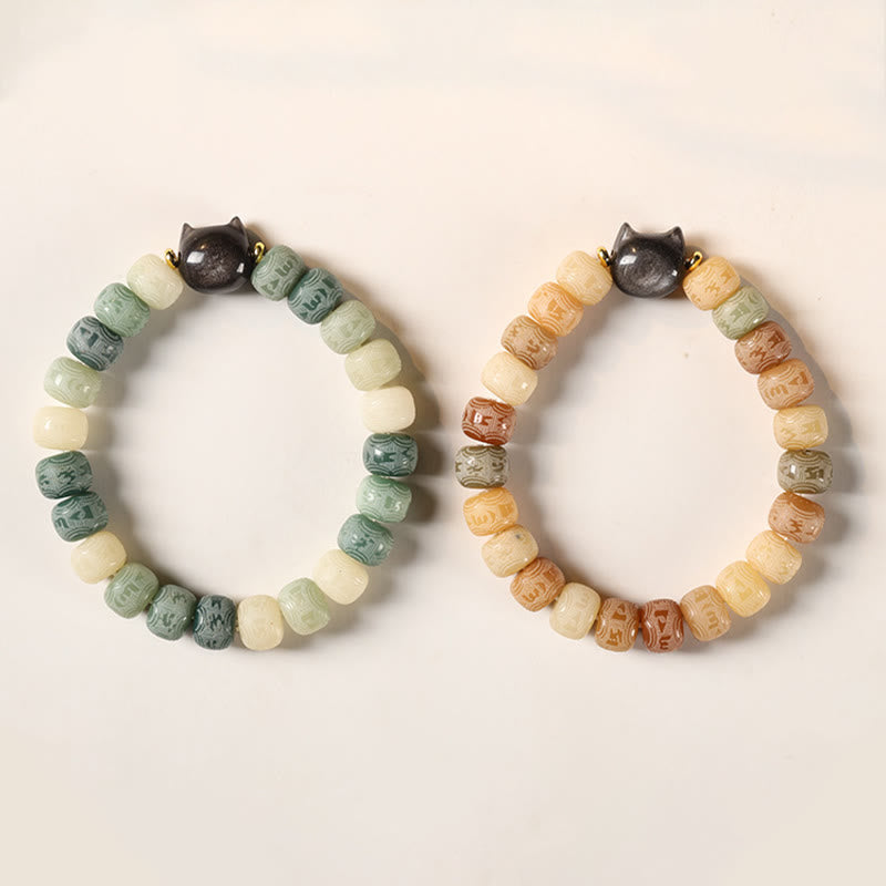 Bodhi Seed Silver Sheen Obsidian Cat Head Om Mani Padme Hum Engraved Harmony Bracelet - Image 14