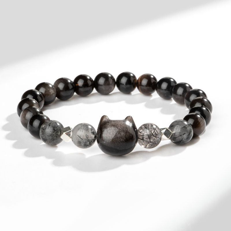 Natural Silver Sheen Obsidian Cute Cat Head Protection Bracelet