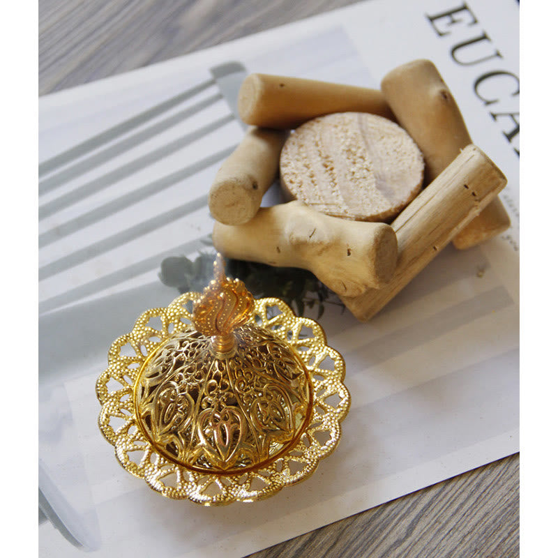 Gold Alloy Healing Mini Incense Burner With Wooden Coaster Home Decor - Image 7