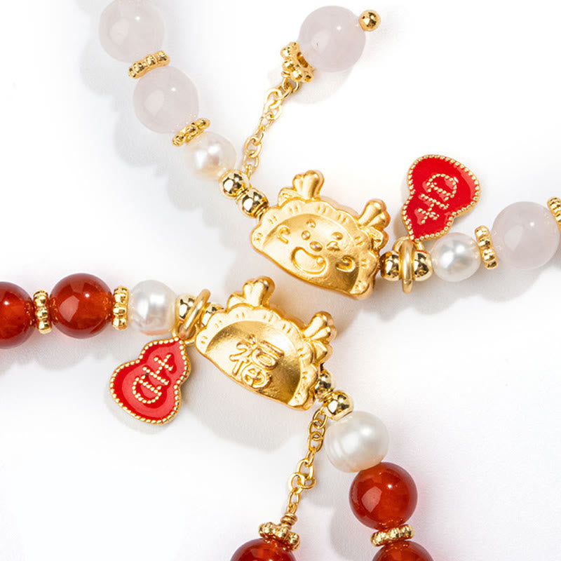 Year Of The Dragon Natural Red Agate Pink Crystal Black Onyx Dumpling Luck Fu Character Bracelet - Image 18