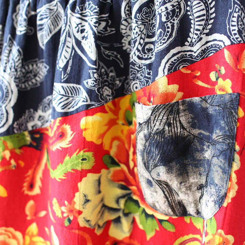 Blue Red Peony Flowers Patchwork Cotton Linen Harem Pants With Pockets - Image 11