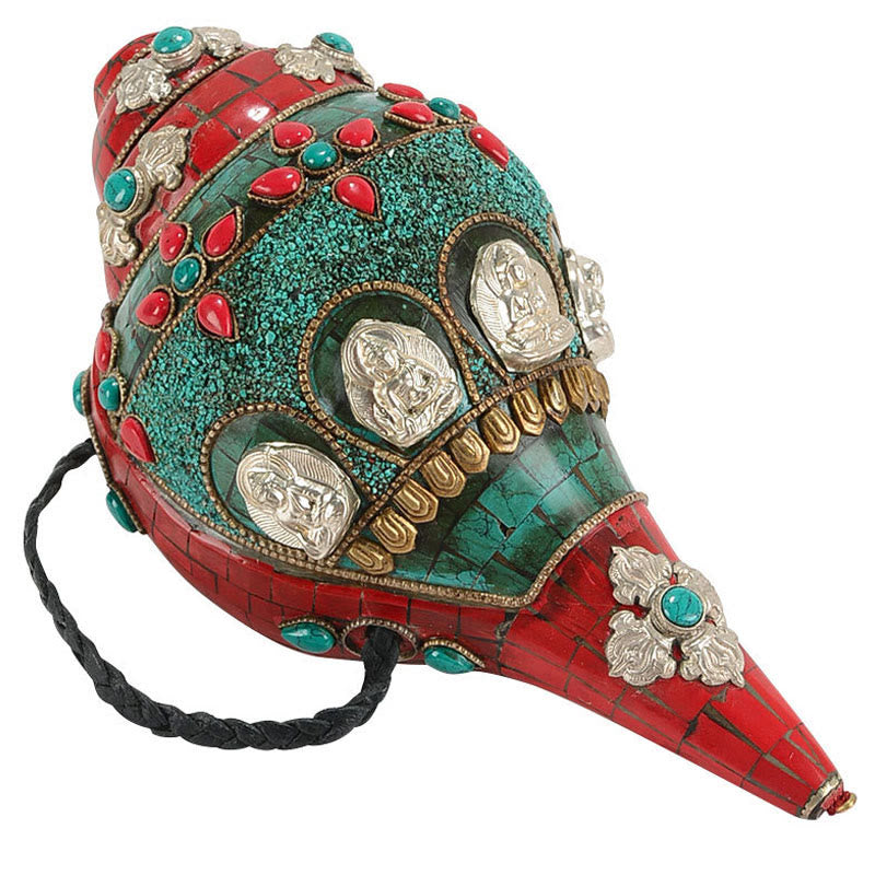 Tibetan Handmade Shankha Om Mani Padme Hum Buddha Avalokitesvara Turquoise Conch Shell Positive Decoration - Image 16