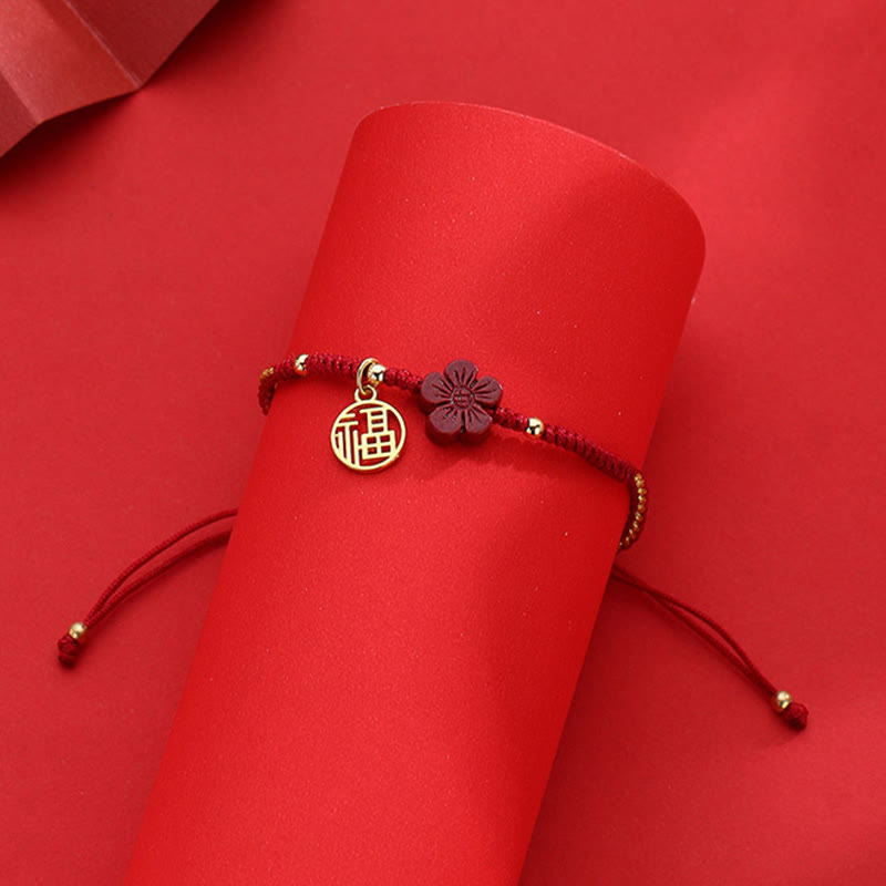 Cinnabar Flower Fu Character Blessing Braided String Bracelet - Image 8