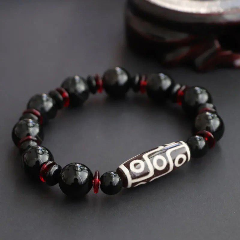 Black Onyx Nine-Eye Dzi Bead Wealth Protection Bracelet