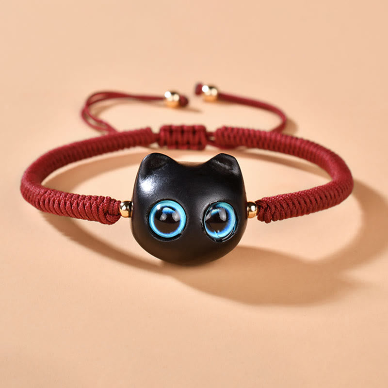 Ebony Wood Cat Head Pattern Peace King Kong Knot Braided Bracelet - Image 4