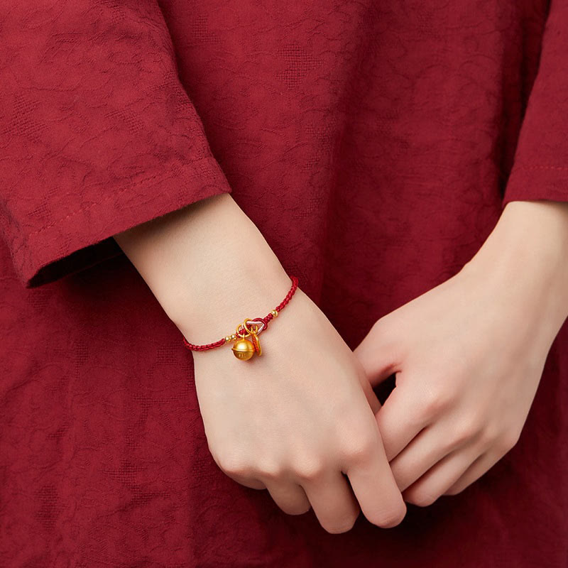 Handmade Fu Character Charm Luck Happiness Bell Red Rope Bracelet - Image 9