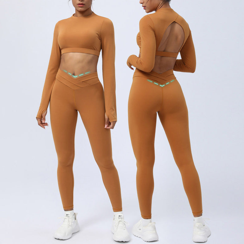 2Pcs Long Sleeve Backless Top Bra Leggings Pants Fitness Yoga Outfit Set