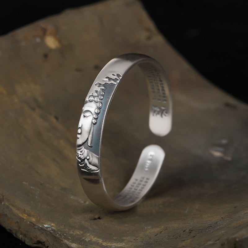 999 Sterling Silver Buddha Head Heart Sutra Serenity Bracelet Bangle - Image 9