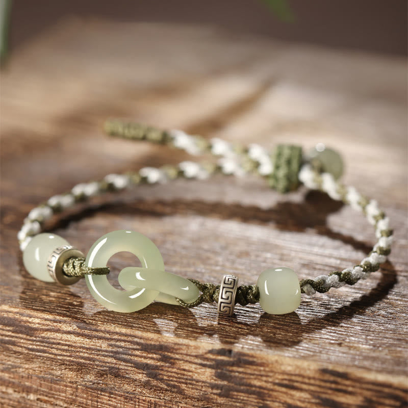 Natural Hetian Jade Peace Buckle Luck Braided Bracelet