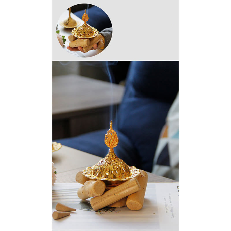 Gold Alloy Healing Mini Incense Burner With Wooden Coaster Home Decor - Image 15