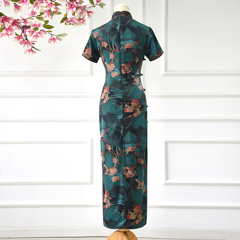 Vintage Pink Flowers Print Cheongsam Dress Women's Qipao Dress - Image 3