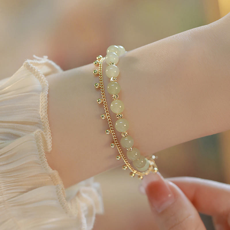 14K Gold Plated 2 Layers Hetian Jade Bead Luck Prosperity Bracelet - Image 3