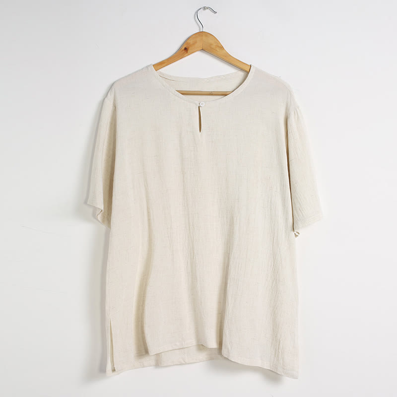 Men's Solid Color Round Neck Short Sleeve Cotton Linen Shirt - Image 24