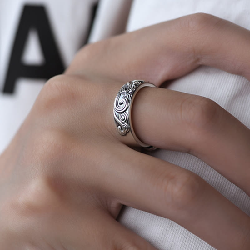 999 Sterling Silver Auspicious Clouds Engraved Blessing Adjustable Ring - Image 10
