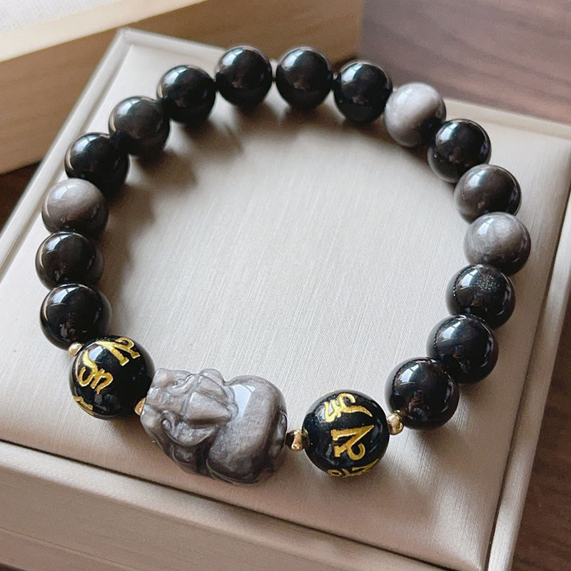 Natural Silver Sheen Obsidian Black Obsidian Om Mani Padme Hum Pixiu Protection Bracelet