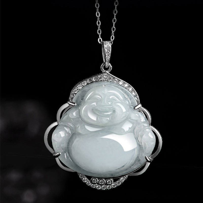 925 Sterling Silver Laughing Buddha Natural Jade Abundance Necklace Pendant - Image 4