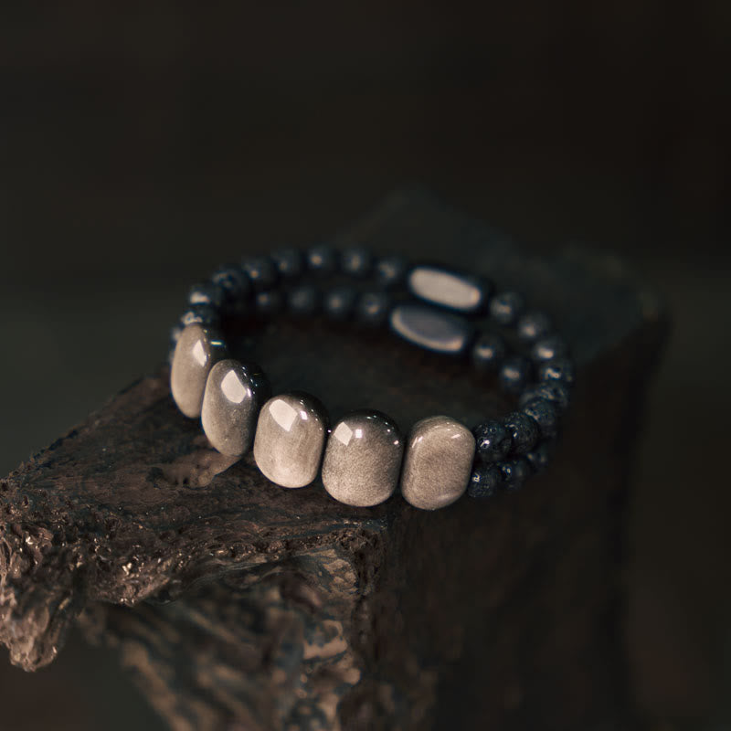 Natural Silver Sheen Obsidian Lava Rock Communication Bracelet