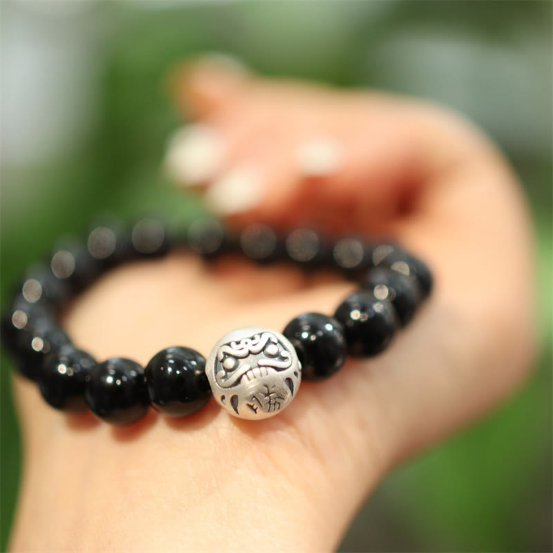 925 Sterling Silver Black Onyx Bead Character Engraved Protection Bracelet - Image 5