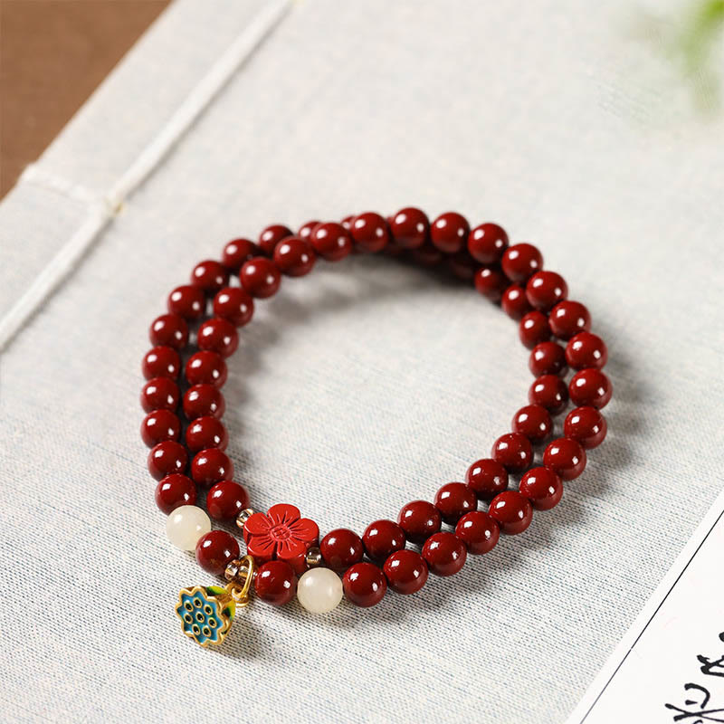 Cinnabar Lotus Charm Double Wrap Blessing Bracelet