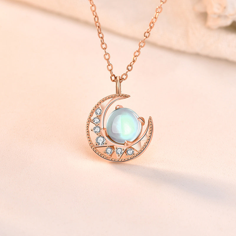 925 Sterling Silver Moonstone Moon Pattern Love Necklace Pendant - Image 5