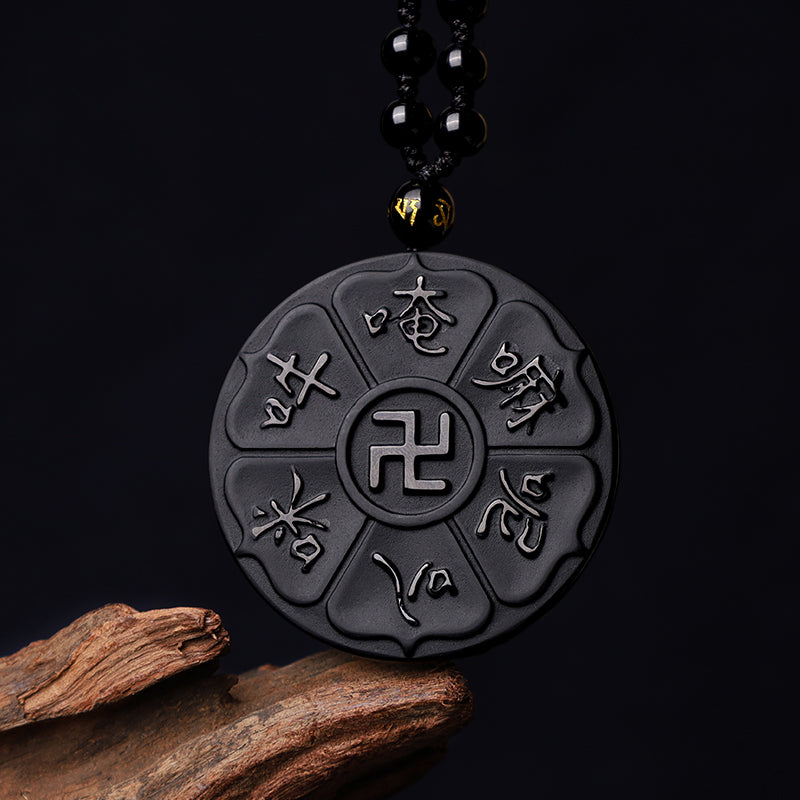 Natural Black Obsidian Tibetan Om Mani Padme Hum Buddha Swastika Luck Necklace Pendant