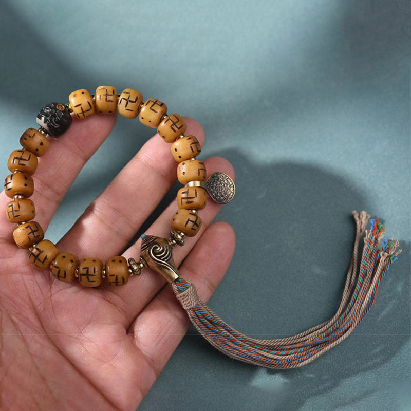 Natural Tibetan Camel Bone Swastika Dzi Bead Shankha Buddha Charm Kirtimukha Luck Protection Tassel Bracelet - Image 5