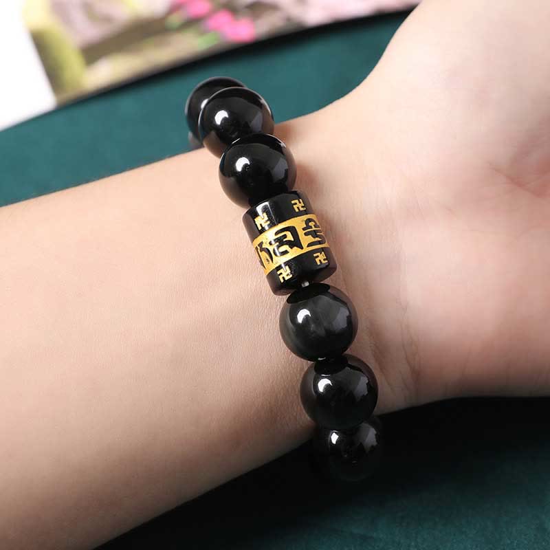 Rainbow Obsidian Om Mani Padme Hum Swastika Positive Bracelet - Image 4