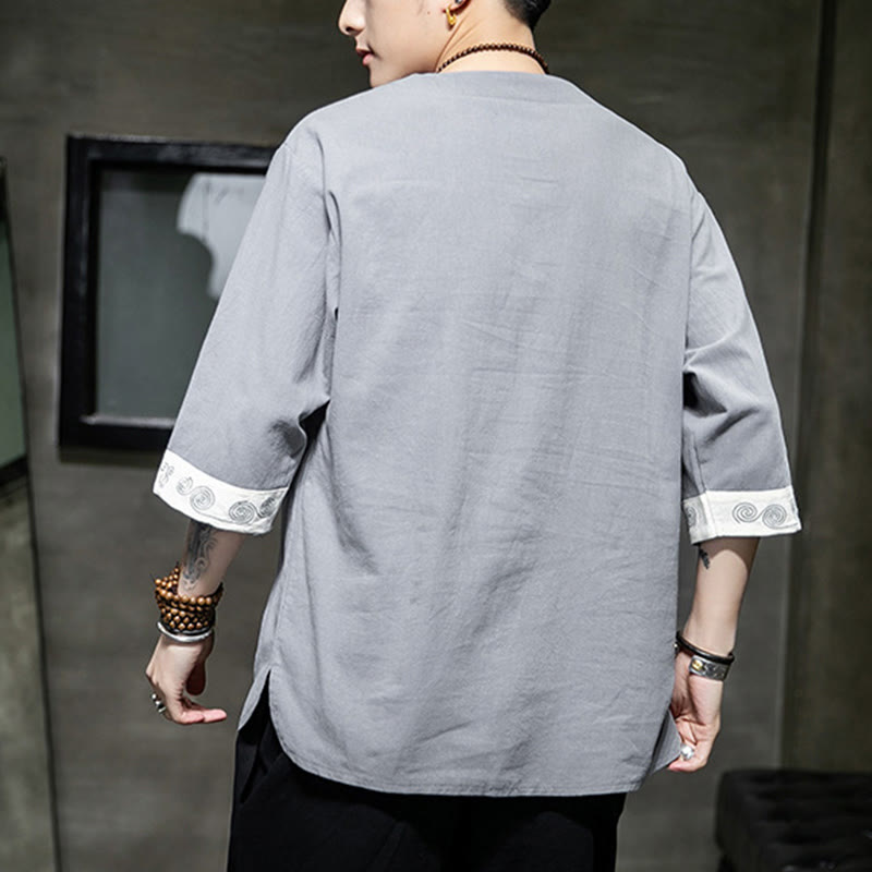 Frog-Button Dragon Embroidery Chinese Tang Suit Three Quarter Sleeve Shirt Cotton Linen Men Clothing - Image 15