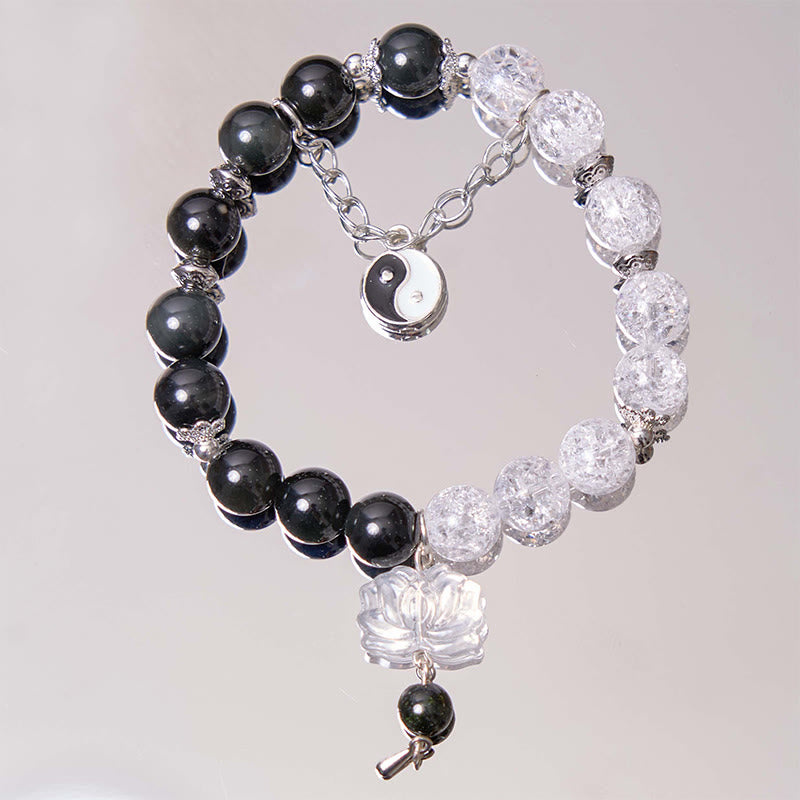 Silver Sheen Obsidian Crackle Clear Quartz Black Rutilated Quartz Yin Yang Lotus Protection Bracelet