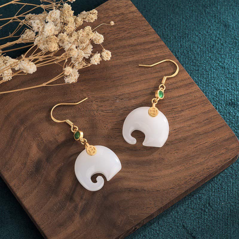 FengShui Elephant White Jade Fortune Earrings - Image 3