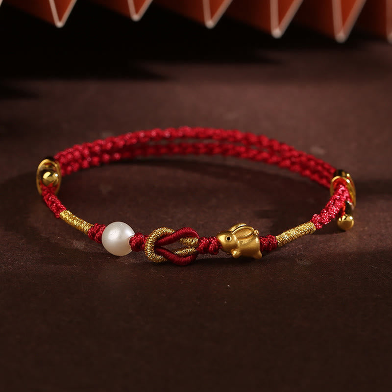 24K Gold Wish Ruyi Handle Fu Character Rabbit Pearl Luck Braided Bracelet - Image 11