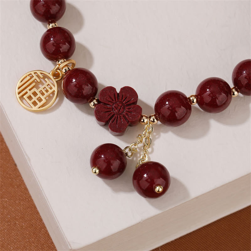 Cinnabar Fu Character Cherry Blossom Blessing Bracelet - Image 5