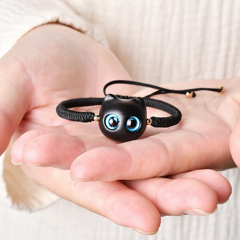 Ebony Wood Cat Head Pattern Peace King Kong Knot Braided Bracelet - Image 18