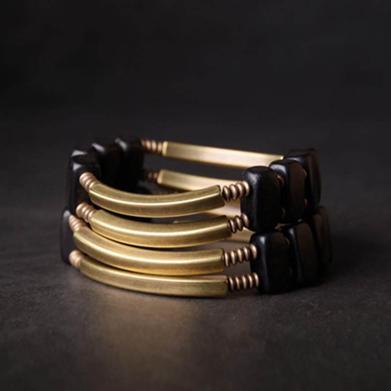 Tibetan Ebony Wood Brass Copper Balance Double Layer Bracelet - Image 11