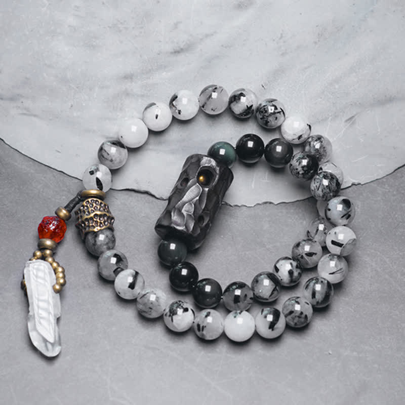 Black Rutilated Quartz Ebony Wood White Crystal Success Couple Bracelet - Image 3