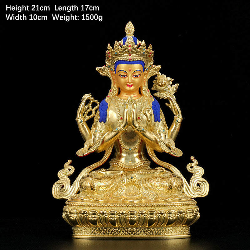 Chenrezig Four-armed Avalokitesvara Protection Copper Gold Plated Statue Decoration - Image 3