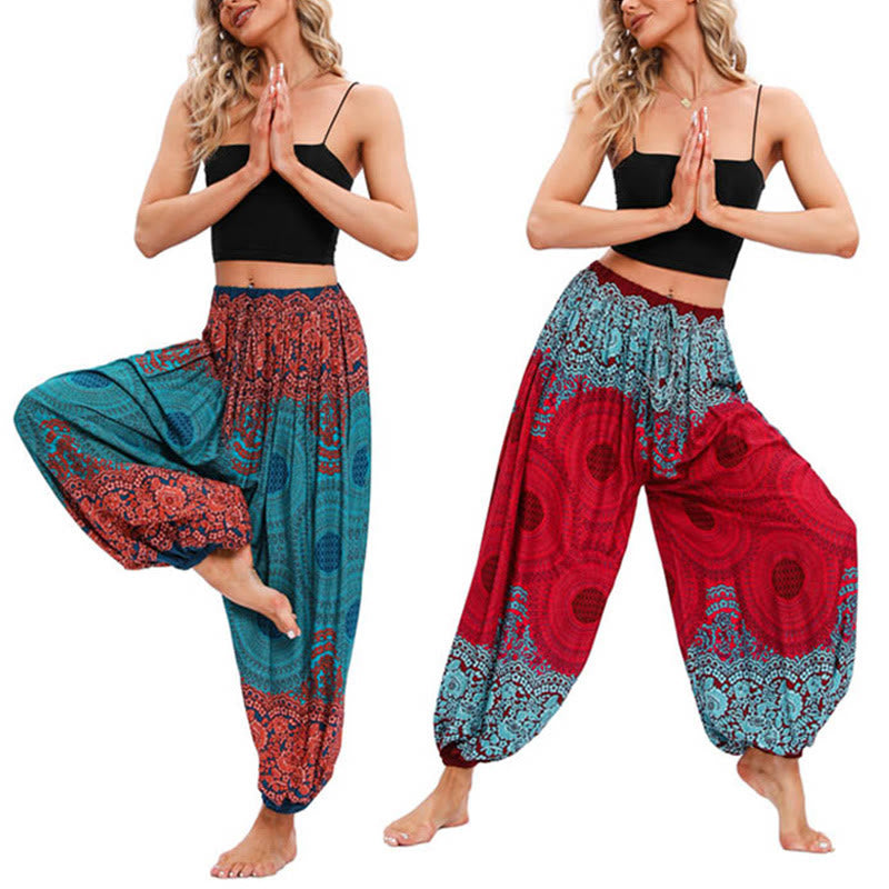 Loose Circle-shaped Flowers Pattern Harem Trousers Women's Yoga Pants