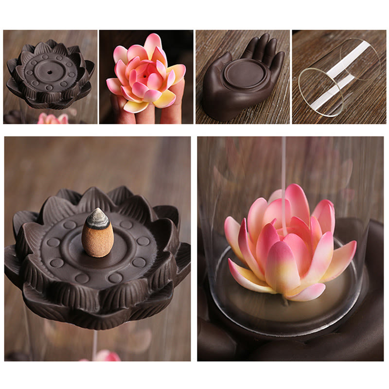 Buddha Hand Lotus Enlightenment LED Light Purple Clay Ceramic Incense Burner Decoration - Image 7