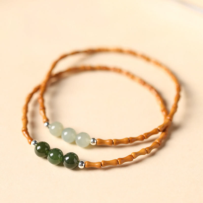 Natural Olive Pit Bamboo Pattern Hetian Jade Beads Luck Bracelet