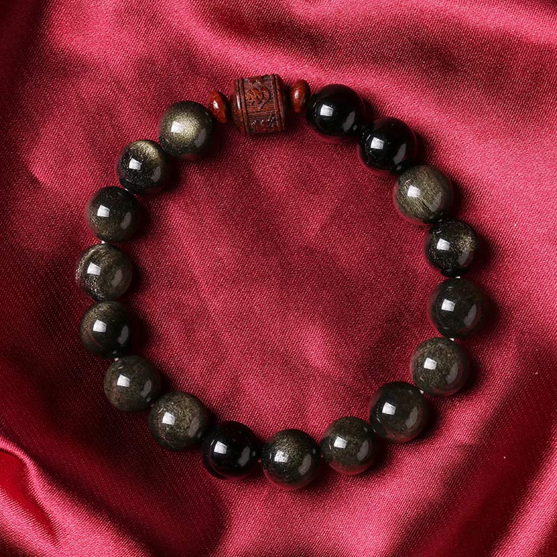 Natural Gold Sheen Obsidian Rainbow Obsidian Om Mani Padme Hum Fu Character Healing Bracelet - Image 7