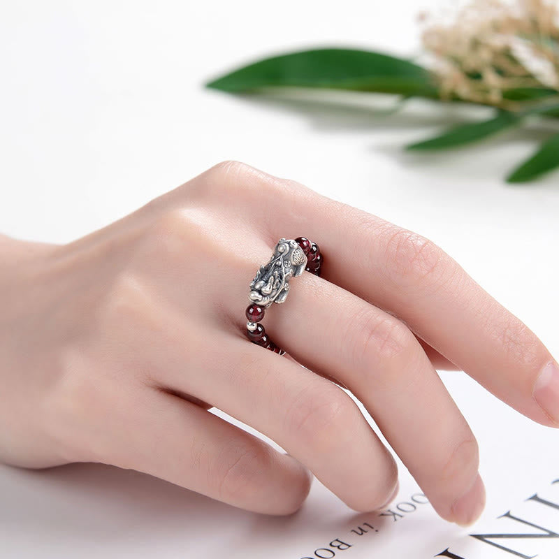 925 Sterling Silver Natural Garnet Moonstone Red Agate PiXiu Wealth Ring - Image 5