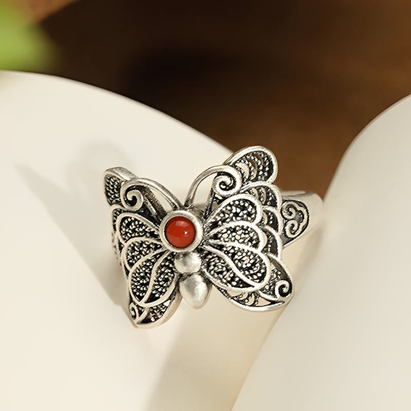925 Sterling Silver Red Agate Butterfly Self-acceptance Ring Earrings Set - Image 8