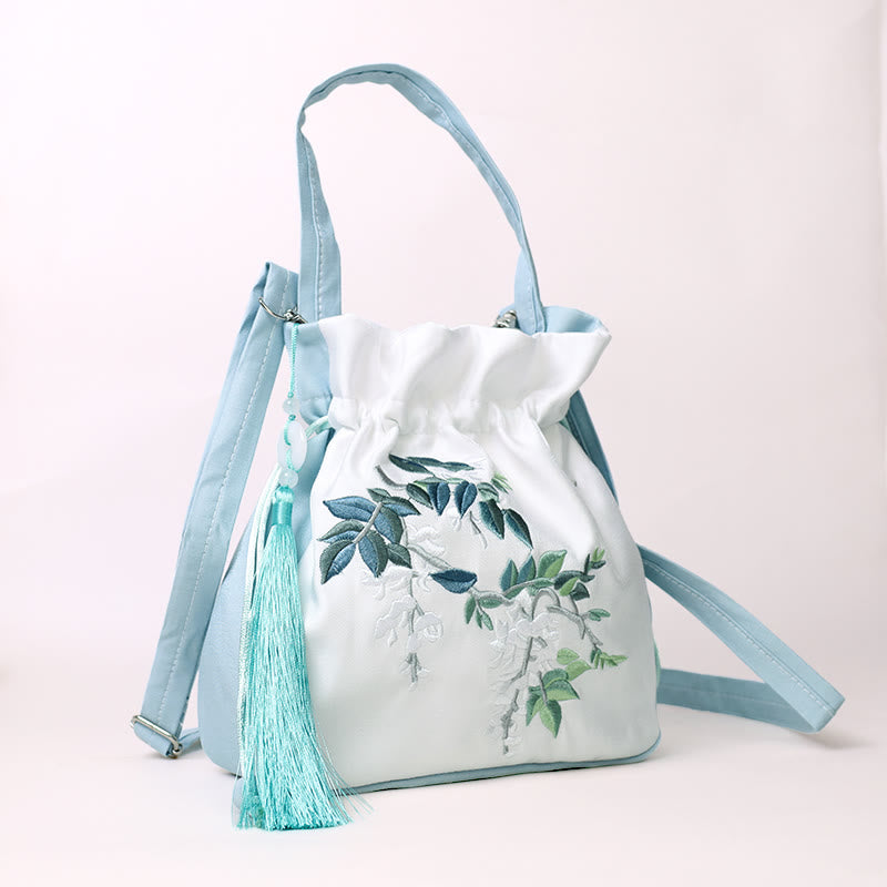 Embroidered Flowers Wisteria Lily Cotton Linen Tote Crossbody Bag Shoulder Bag Handbag - Image 6