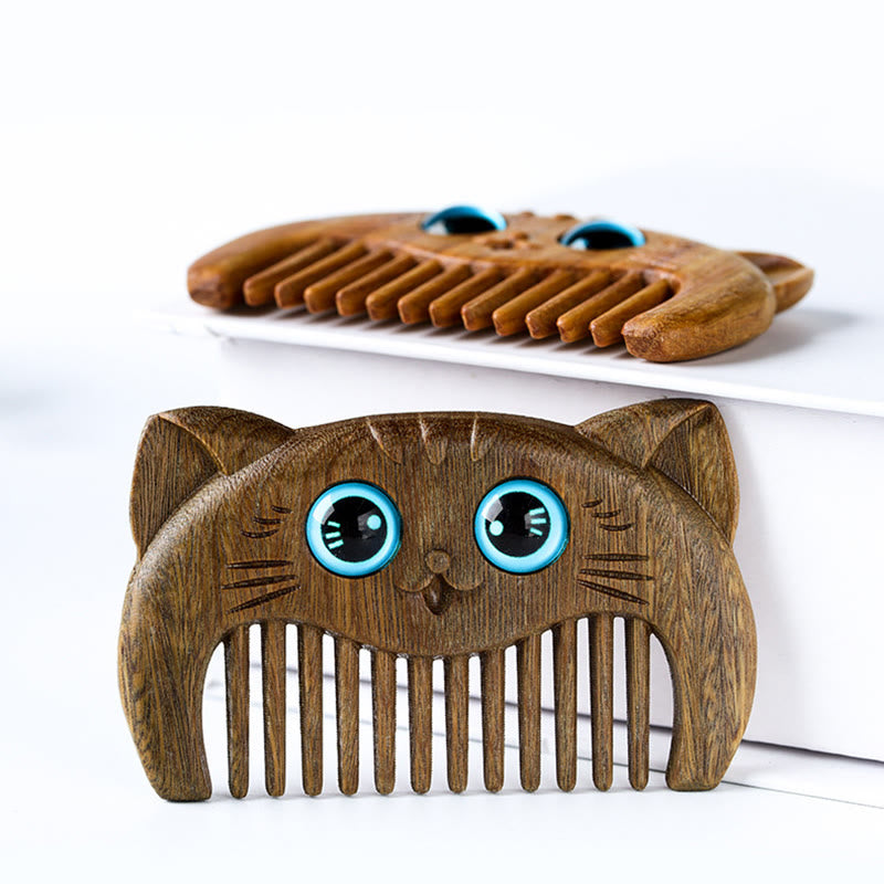 Simple Cat Pattern Green Sandalwood Cure Portable Comb - Image 5